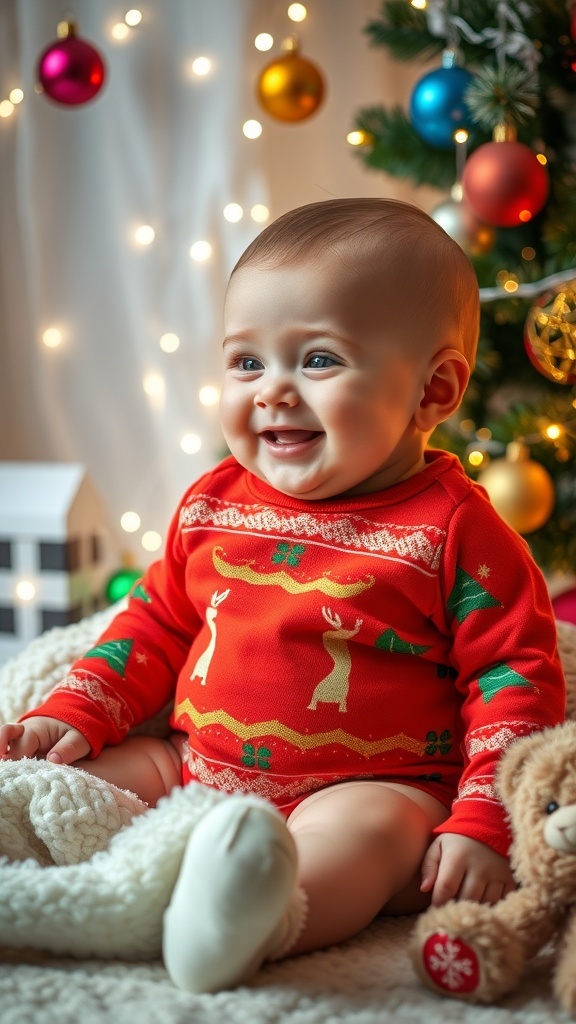 A joyful baby in a Christmas onesie surrounded by lights and ornaments, capturing the spirit of the holiday.